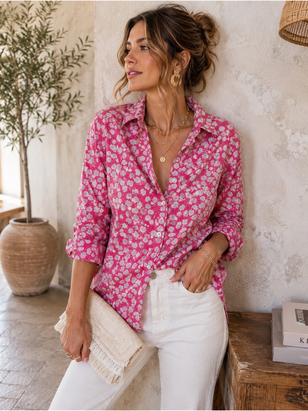 Rock Flower Paper Pink Gray Floral Cotton Button Front Shirt Women’s L
